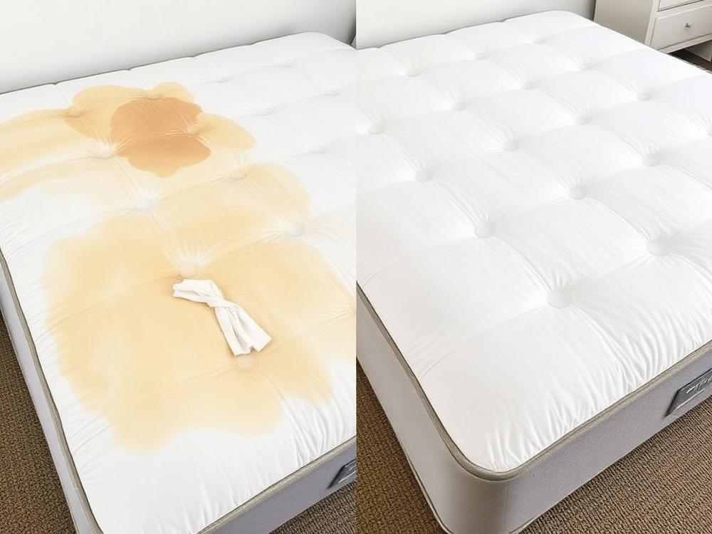Colchão manchado antes e completamente limpo depois