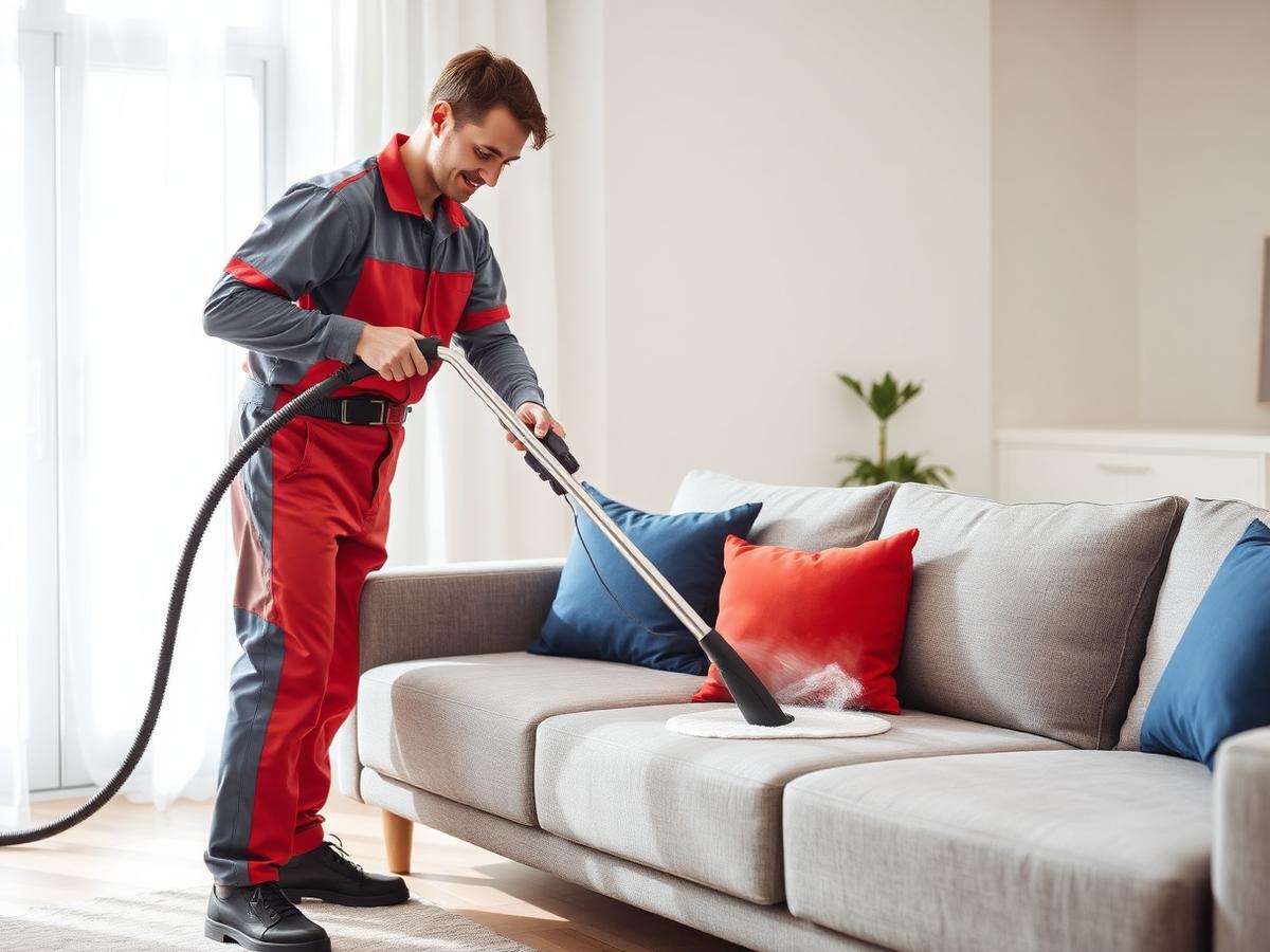 Profissional uniformizado higienizando sofá com equipamento de extração